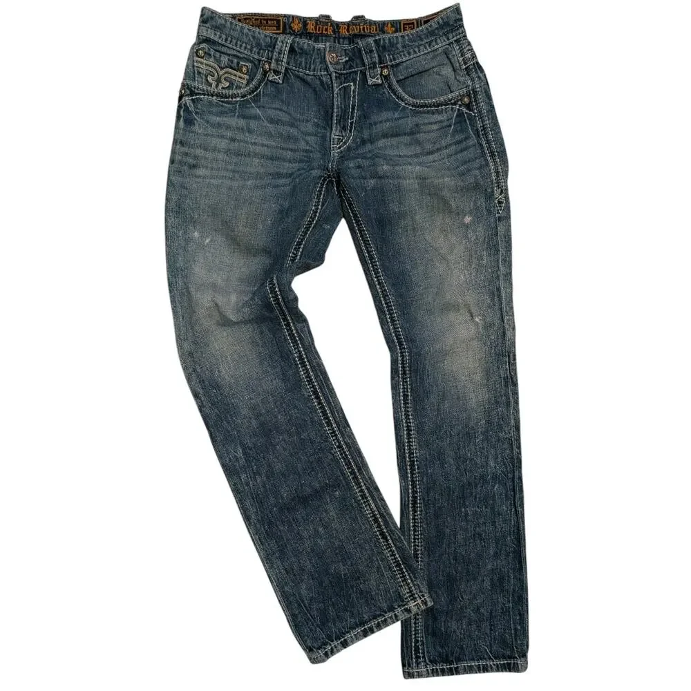 ROCK REVIVAL Faro Straight Leg Denim Jeans Men's 32 Light Blue Wash Y2K